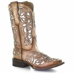 Coupon 😍 Corral 👧 Girls' Beige Shiny Inlay Western 🥾 Boots - Wide Square Toe Tan 🤩