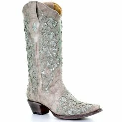 Hot Sale 🛒 Corral 👩 Women's Glitter Inlay & Crystals 🥾 Boots - Snip Toe White 🥰