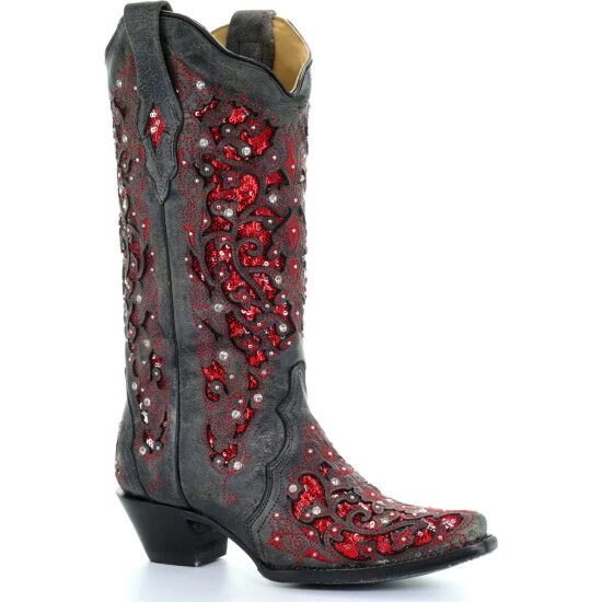 Best reviews of ๐ Corral ๐ฉ Women's Crystal And Red Sequin Inlay Cowgirl ๐ฅพ Boots - Snip Toe Black โ
