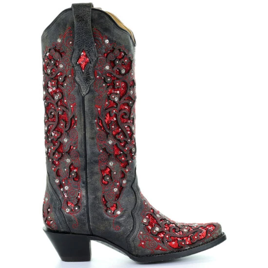 Best reviews of ๐ Corral ๐ฉ Women's Crystal And Red Sequin Inlay Cowgirl ๐ฅพ Boots - Snip Toe Black โ - Image 2