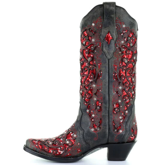 Best reviews of ๐ Corral ๐ฉ Women's Crystal And Red Sequin Inlay Cowgirl ๐ฅพ Boots - Snip Toe Black โ - Image 3