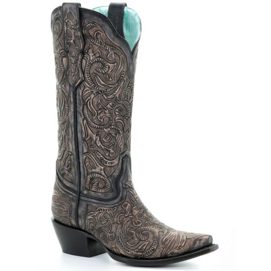 Best Sale 👍 Corral 👩 Women's Black Hand Tooled Western 🥾 Boots - Snip Toe 🎉