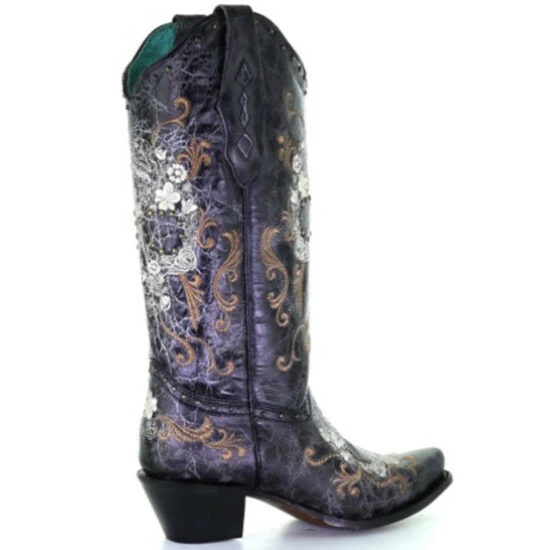 Discount โ Corral ๐ฉ Women's Floral Skull Embroidery & Studs Cowgirl ๐ฅพ Boots - Snip Toe Black ๐ - Image 2