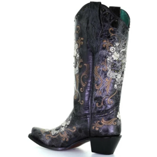 Discount โ Corral ๐ฉ Women's Floral Skull Embroidery & Studs Cowgirl ๐ฅพ Boots - Snip Toe Black ๐ - Image 3