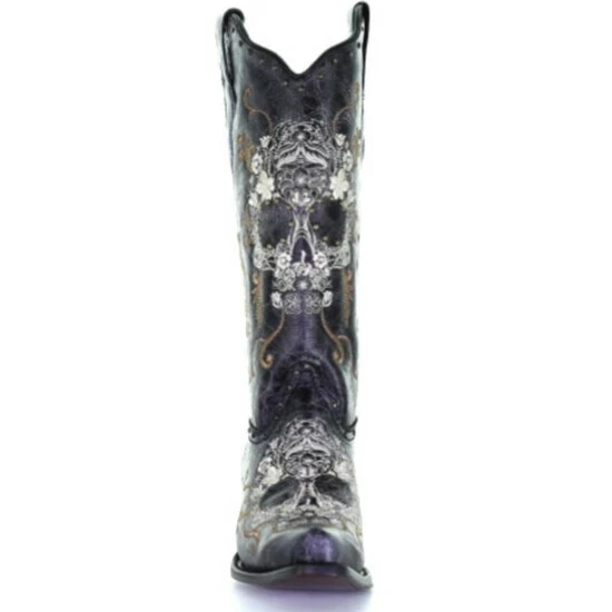 Discount โ Corral ๐ฉ Women's Floral Skull Embroidery & Studs Cowgirl ๐ฅพ Boots - Snip Toe Black ๐ - Image 4