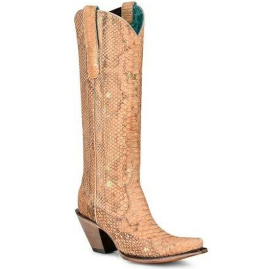 Outlet β Corral π© Women's Full Exotic Python Tall Western π₯Ύ Boots - Snip Toe Natural π