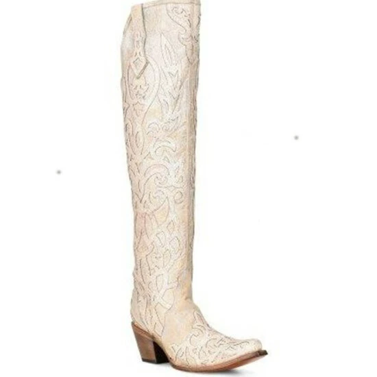 Hot Sale 😉 Corral 👩 Women's Glitter Overlay Tall Western 🥾 Boots - Snip Toe Beige/khaki 😍