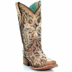 Promo 😀 Corral 👩 Women's Bone Inlay Western 🥾 Boots - Square Toe Ivory 👏