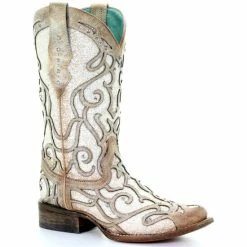 Outlet 🎁 Corral 👩 Women's White Glitter Inlay Western 🥾 Boots - Square Toe Ivory 🥰