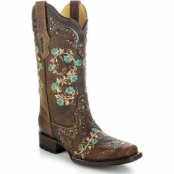 Best Pirce ❤️ Corral 👩 Women's Studded Floral Embroidery Cowgirl 🥾 Boots - Square Toe Brown 🔥