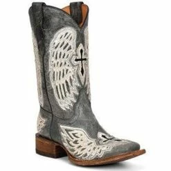 Promo 🔔 Corral 👧 Girls' Cross & Wings Overlay Embroidered Western Boot - Square Toe Black/white ⌛