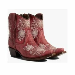 Wholesale ❤️ Corral 👩 Women's Flowered Embroidery Ankle Western Bootie - Snip Toe Red/brown 🎉