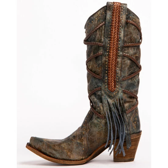 Wholesale β Corral π© Women's Braided Fringe Cowgirl π₯Ύ Boots - Snip Toe Blue β¨ - Image 2