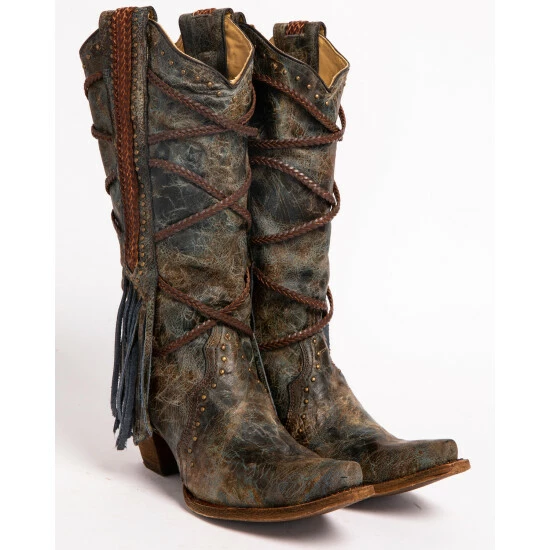 Wholesale β Corral π© Women's Braided Fringe Cowgirl π₯Ύ Boots - Snip Toe Blue β¨ - Image 4