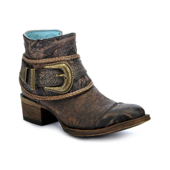 New 💯 Corral 👩 Women's Floral Embossed Booties - Round Toe Brown ❤️