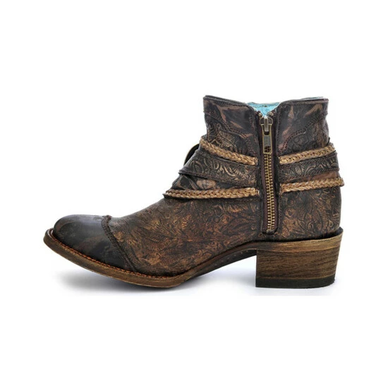 New 💯 Corral 👩 Women's Floral Embossed Booties - Round Toe Brown ❤️ - Image 2