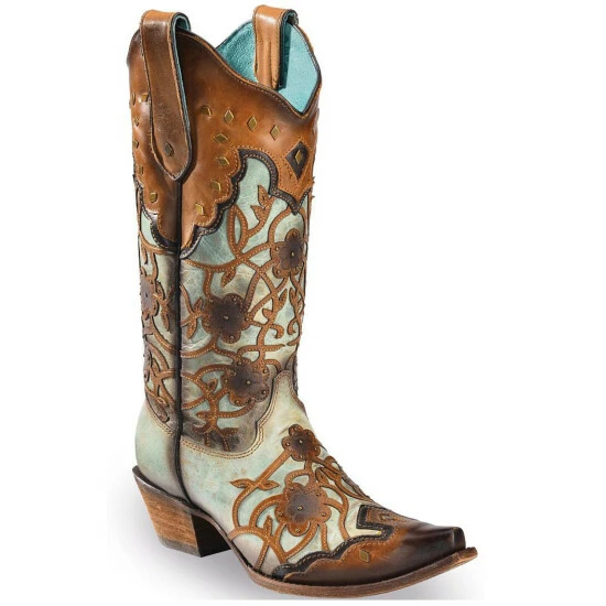 Buy โญ Corral ๐ฉ Women's Mint Maple Flowers Overlay & Studs Western ๐ฅพ Boots - Snip Toe Brown ๐