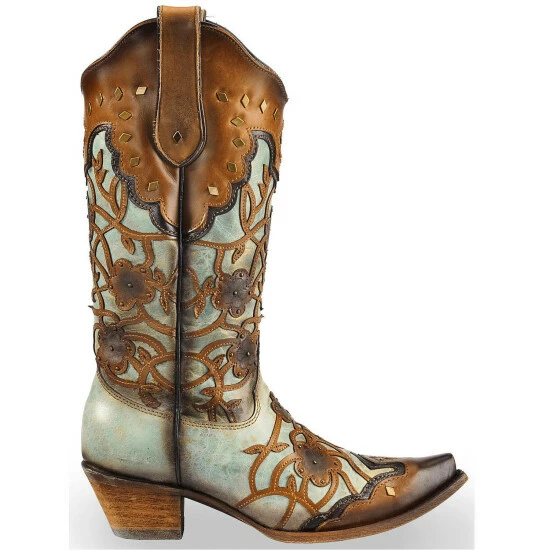 Buy โญ Corral ๐ฉ Women's Mint Maple Flowers Overlay & Studs Western ๐ฅพ Boots - Snip Toe Brown ๐ - Image 2