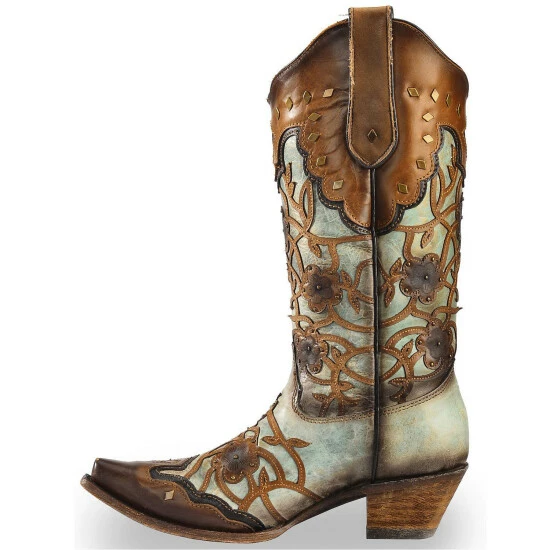 Buy โญ Corral ๐ฉ Women's Mint Maple Flowers Overlay & Studs Western ๐ฅพ Boots - Snip Toe Brown ๐ - Image 3