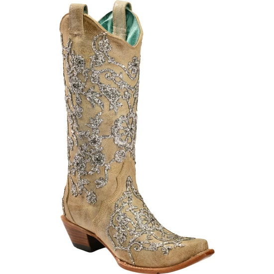 Promo π₯ Corral π© Women's Bone Glitter Overlay Embroidery & Crystals Western π₯Ύ Boots - Snip Toe Natural π
