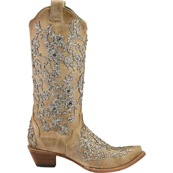 Promo π₯ Corral π© Women's Bone Glitter Overlay Embroidery & Crystals Western π₯Ύ Boots - Snip Toe Natural π - Image 2