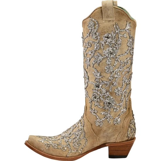 Promo π₯ Corral π© Women's Bone Glitter Overlay Embroidery & Crystals Western π₯Ύ Boots - Snip Toe Natural π - Image 3