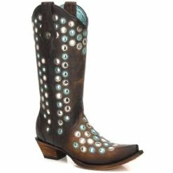 Promo 👏 Corral 👩 Women's Brown Studded Embroidered Cowgirl 🥾 Boots - Snip Toe ✨
