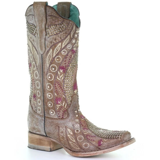 New 👍 Corral 👩 Women's Taupe Flowered Embroidery Western 🥾 Boots - Square Toe 🎉