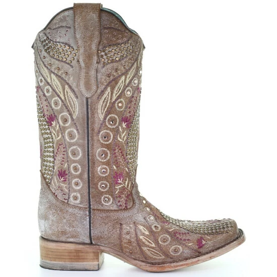 New 👍 Corral 👩 Women's Taupe Flowered Embroidery Western 🥾 Boots - Square Toe 🎉 - Image 2