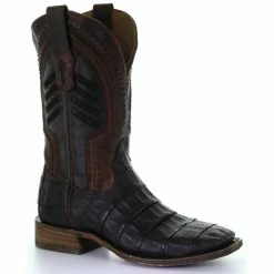 Best Pirce 😀 Corral Men's Oil Brown Caiman Embroidery Western 🥾 Boots - Broad Square Toe 👍