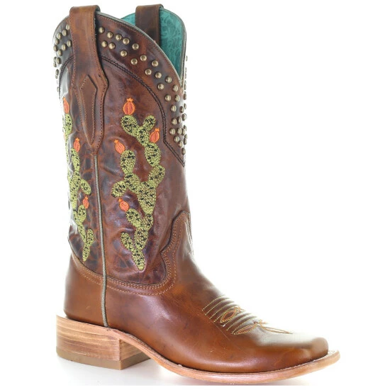 Deals 💯 Corral 👩 Women's Brown Embroidery & Studs Western 🥾 Boots - Square Toe 😀