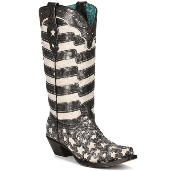Hot Sale 🥰 Corral 👩 Women's Black Stars And Stripes Glow In The Dark Western 🥾 Boots - Snip Toe ⌛